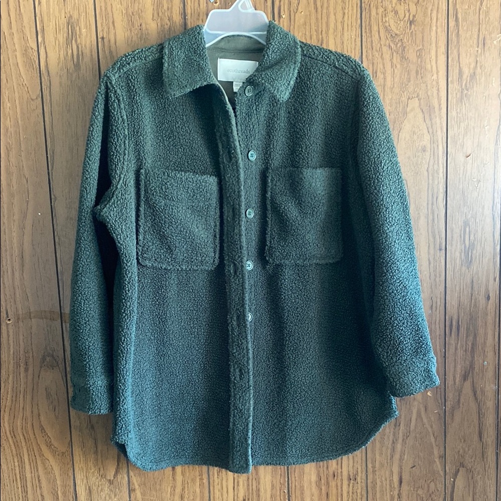 Green Teddy Jacket with Relaxed Fit and Textured Finish
